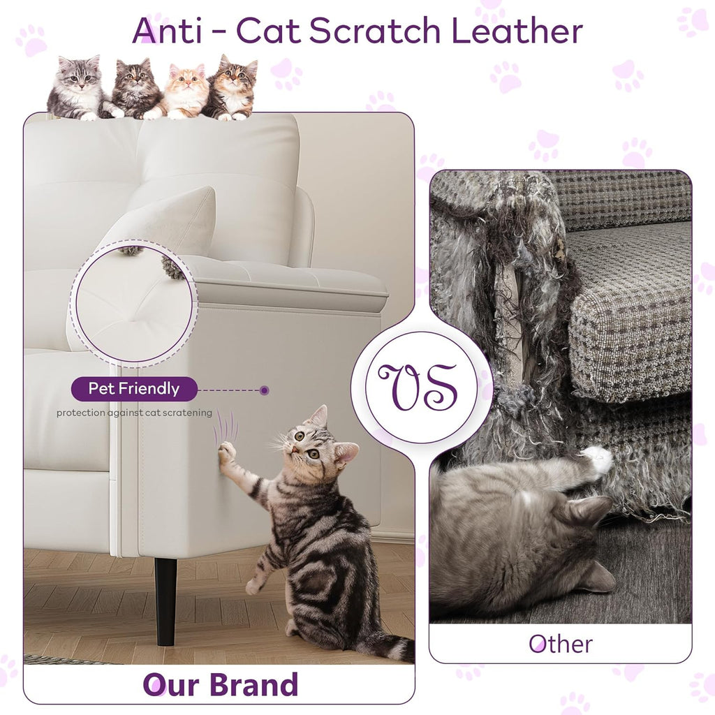 TYBOATLE 85" W White Faux Leather Sofa Couches for Living Room, Mid-Century Modern Tufted Comfy Small Loveseat w/USB and Wide Arms, 2/3 Seater Office Couch for Small Space Apartment Bedroom Furniture