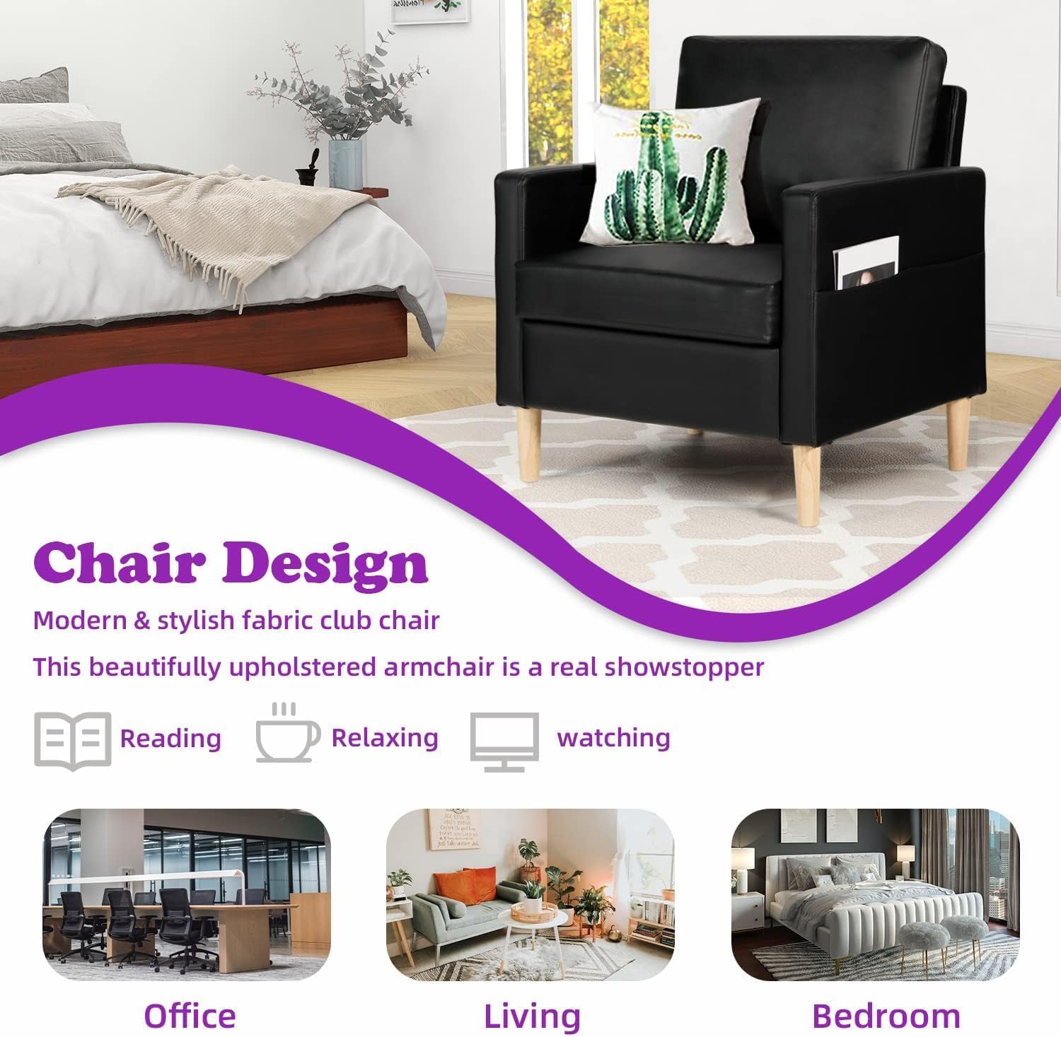 TYBOATLE Leather Chair w/Armrest Pockets, Solid Wood Accent Chair, Mid Century Modern Living Room Chairs, Comfy Waiting Room Chairs for Bedroom, Office, Black