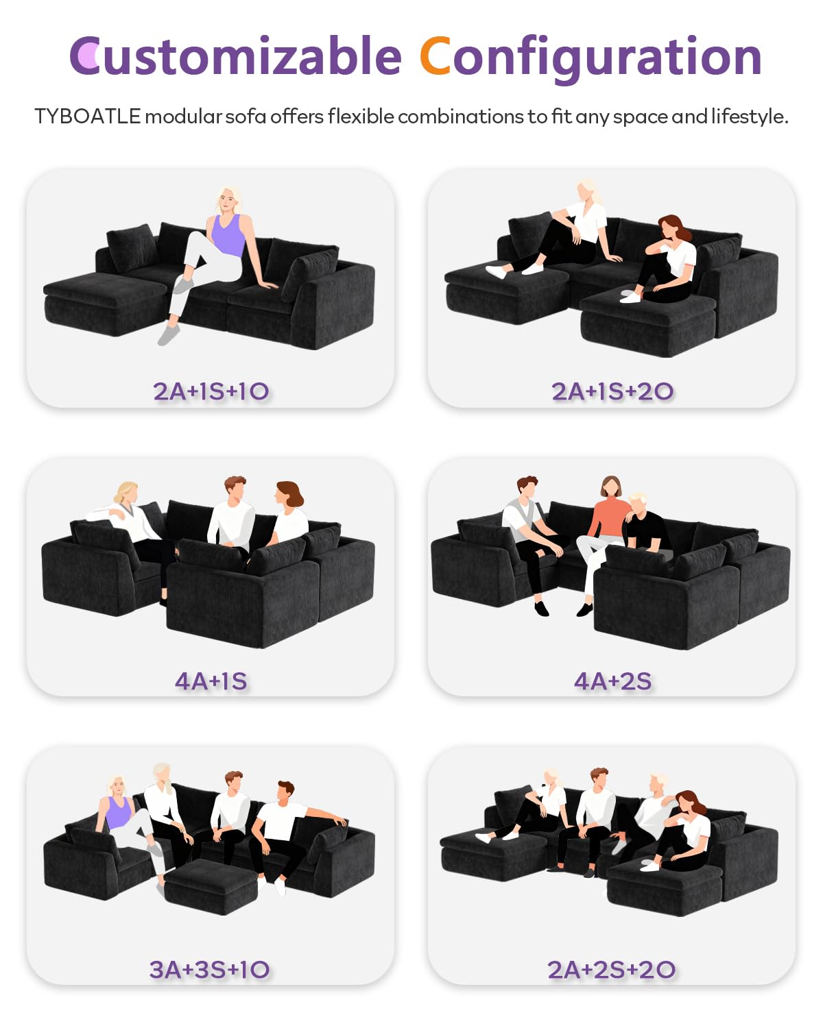 TYBOATLE 114’’ Black Boneless Couch for Living Room, L Shaped Cloud Sectional Sofa w/Ottoman, Comfy Boneless Modular Couch w/Memory Foam, Black