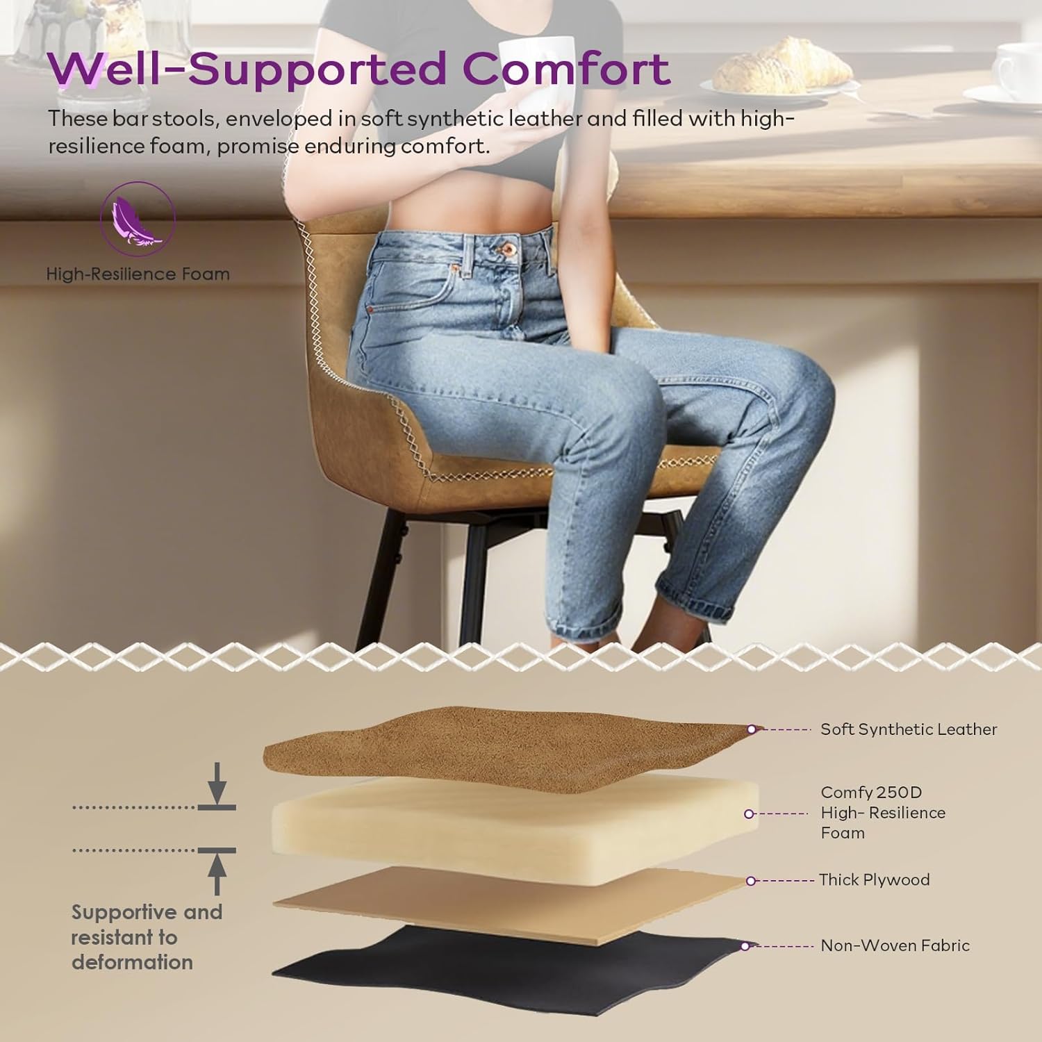 TYBOATLE 26” High Back Leather Swivel Bar Stools Set of 2, Counter Height Bar Stools with Metal Legs, Height-Adjustable Upholstered Faux Leather Barstools for Kitchen Counter, Brown