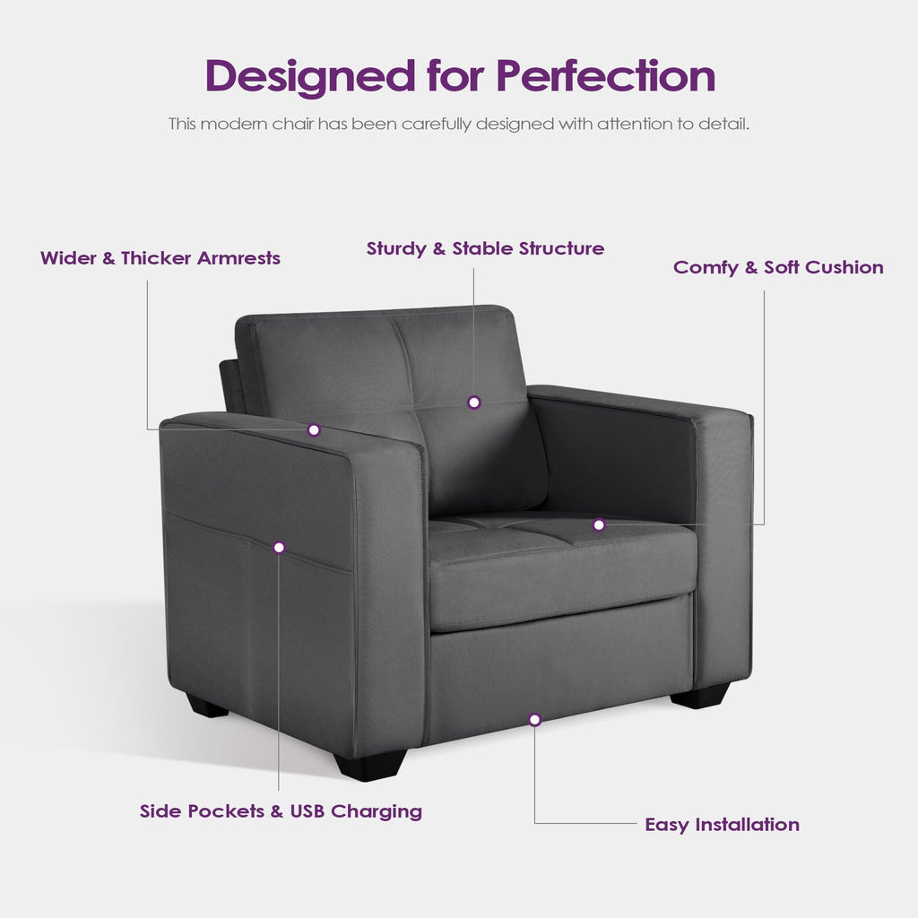 TYBOATLE Oversized Accent Chair w/Side Pockets, Modern Tufted Upholstered Living Room Chair, Comfy Arm Chair, Linen Fabric Reading Waiting Room Chairs for Bedroom, Apartment, Office