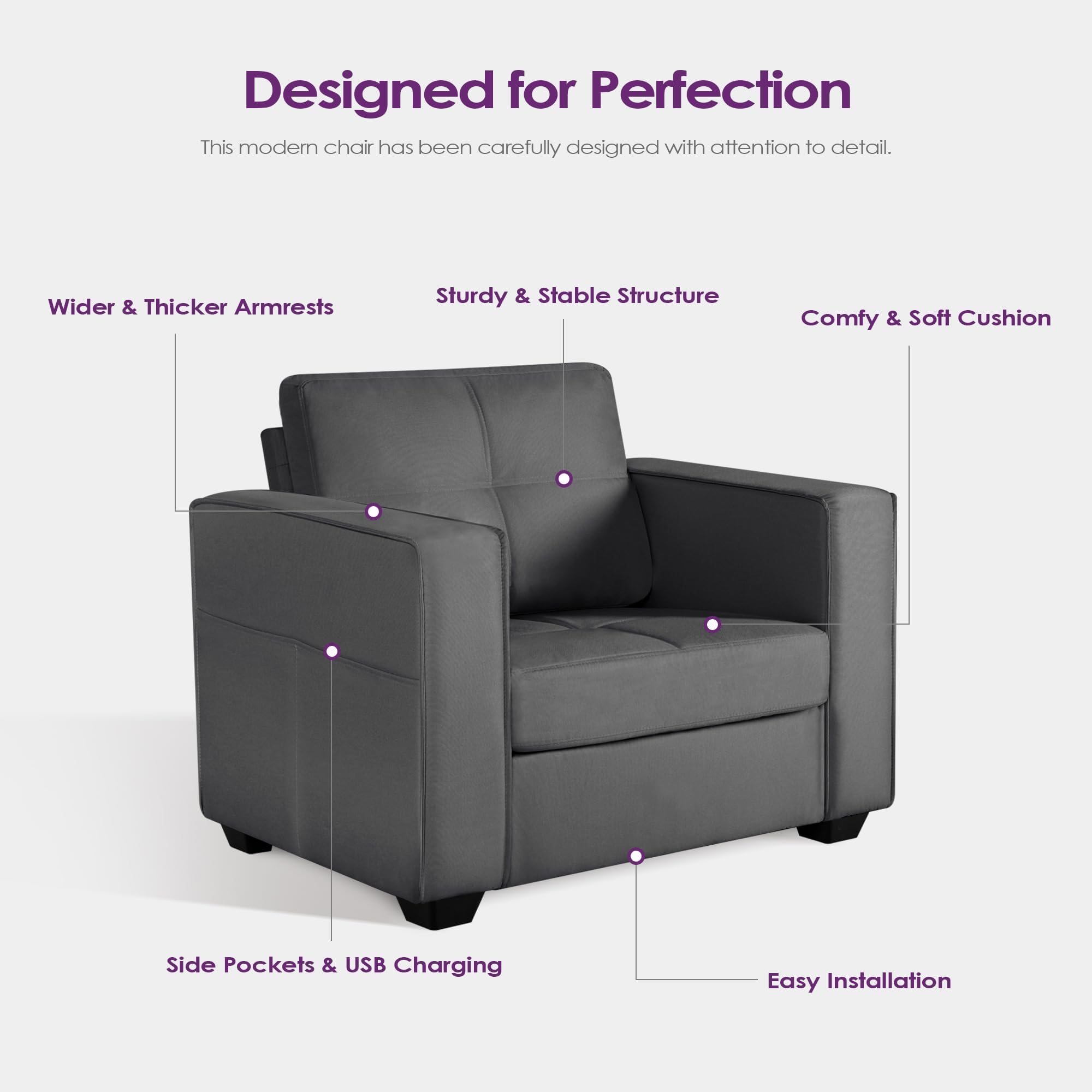TYBOATLE Oversized Accent Chair w/Side Pockets, Modern Tufted Upholstered Living Room Chair, Comfy Arm Chair, Linen Fabric Reading Waiting Room Chairs for Bedroom, Apartment, Office