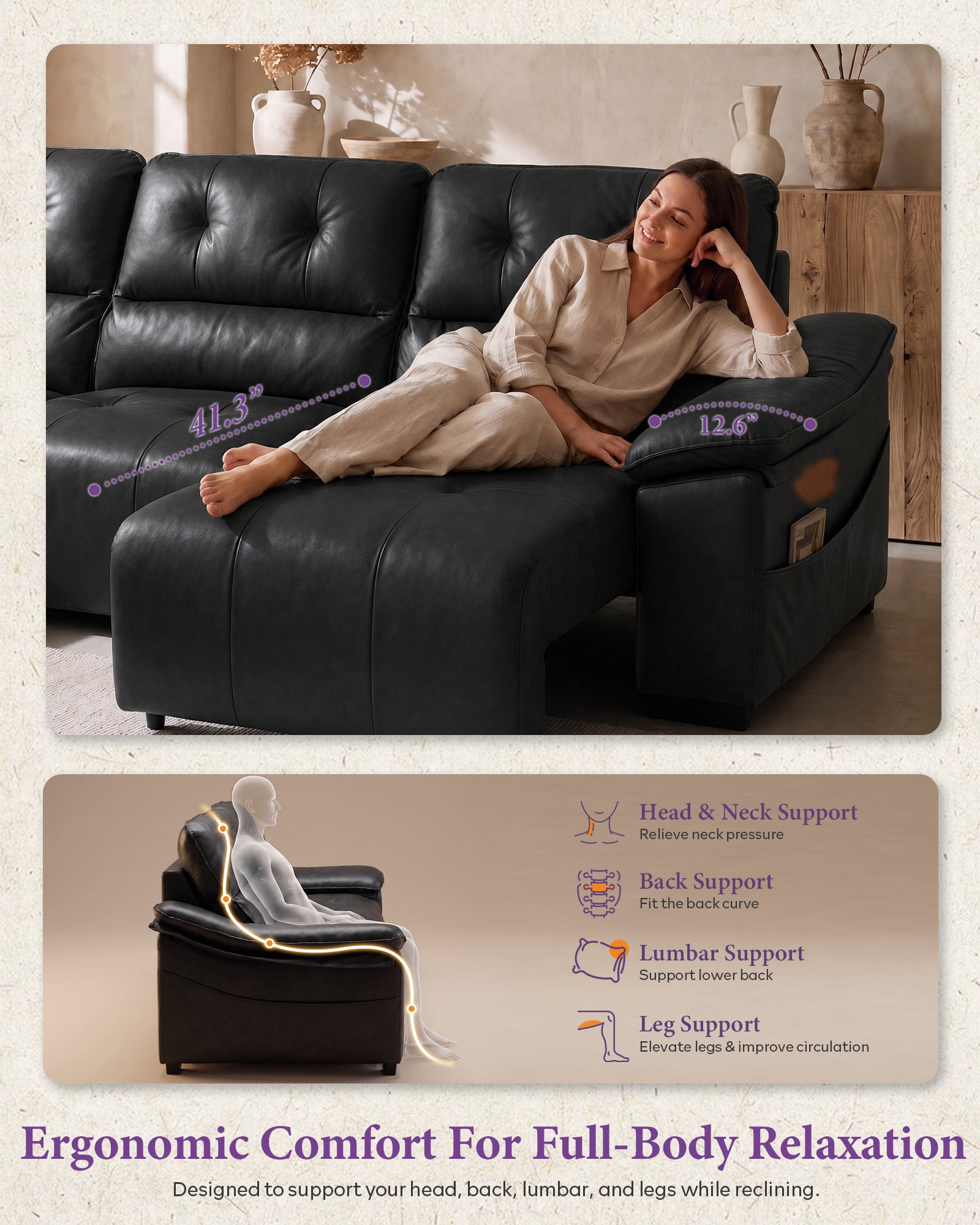 Electric Reclining Sectional Couch, Power Recliner Sofa w/USB & Type-C Charging Ports and Cup Holders, Leather Reclining Sofa for Living Room, Home Theater