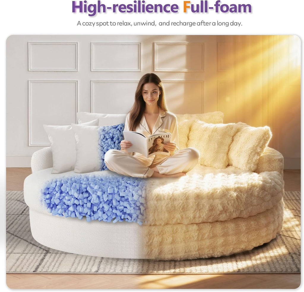 TYBOATLE 83’’ Oversized Round Boneless Couch w/Deep Seat, Round Memory Foam Couch, Comfy Fluffy Plush Bubble Sofa w/Double Cushion, Circle Bed for Livingroom, Bedroom (Beige)