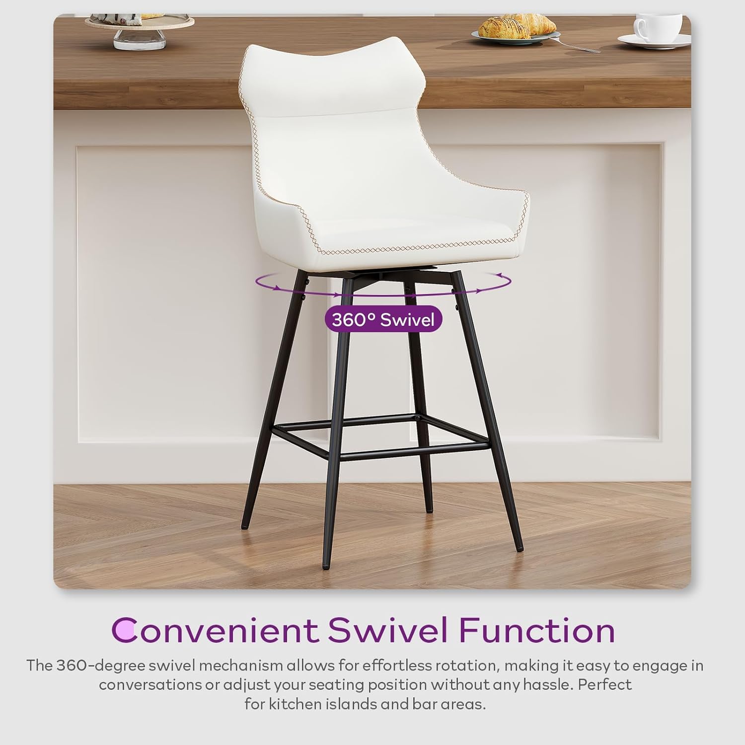 TYBOATLE 26” High Back Leather Swivel Bar Stools Set of 2, Counter Height Bar Stools with Metal Legs, Height-Adjustable Upholstered Faux Leather Barstools for Kitchen Counter, White