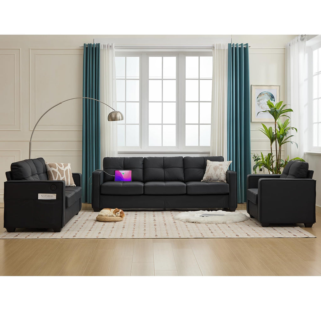 TYBOATLE Black Faux Leather Sofa Sectional Couches for Living Room, 3 Piece Living Room Set Furniture, Comfy Modular Convertible Sofas, Home Office Sofa Set
