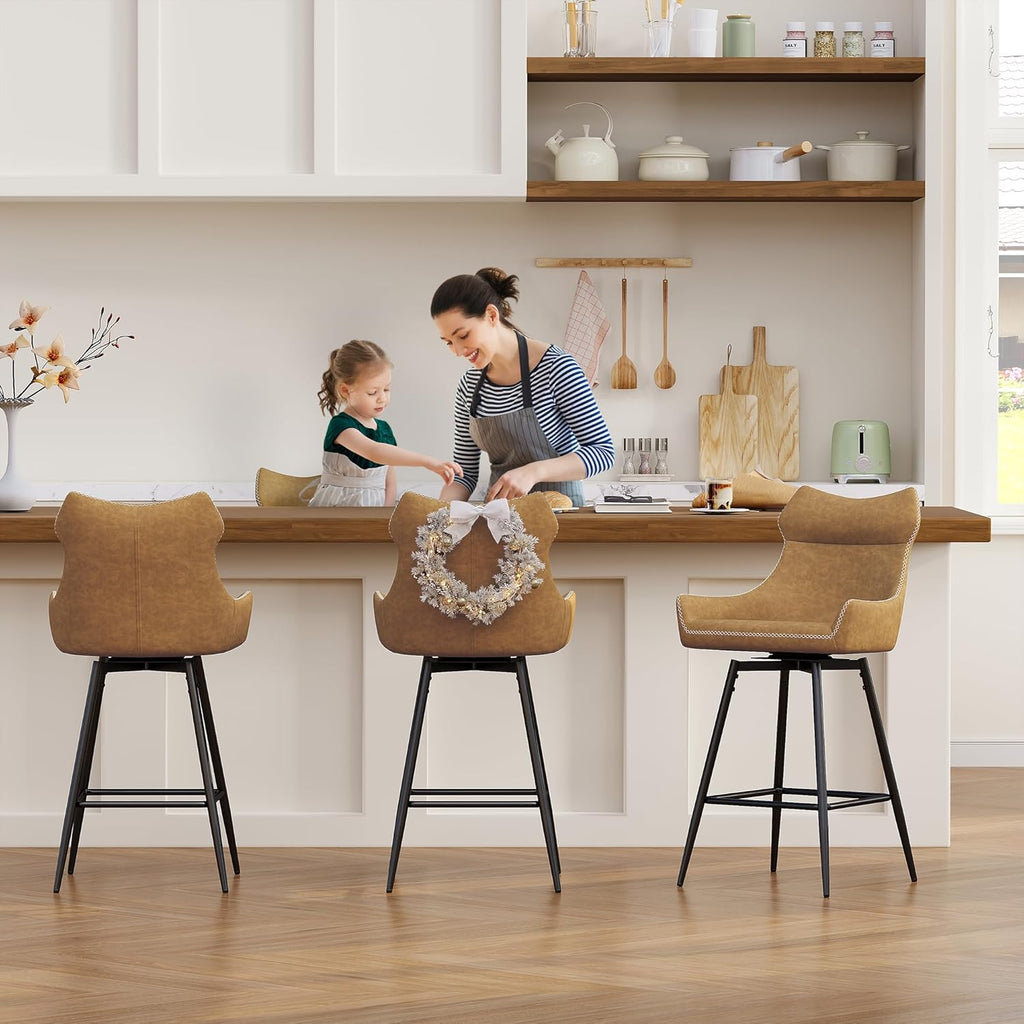 TYBOATLE 26” Leather Swivel Bar Stools Set of 4, Counter Height Bar Stools with Metal Legs, Height-Adjustable Upholstered Faux Leather Barstools for Kitchen Counter, Brown
