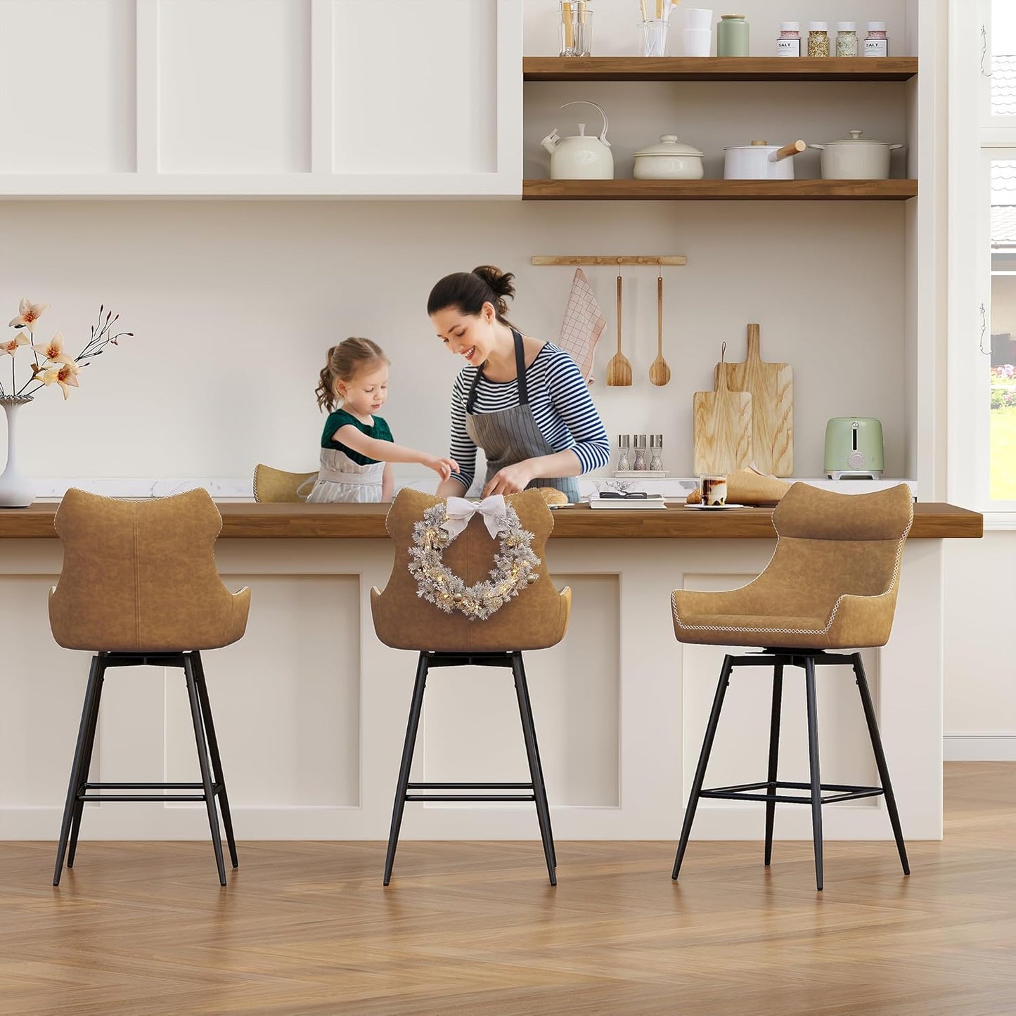 TYBOATLE 26” Leather Swivel Bar Stools Set of 4, Counter Height Bar Stools with Metal Legs, Height-Adjustable Upholstered Faux Leather Barstools for Kitchen Counter, Brown