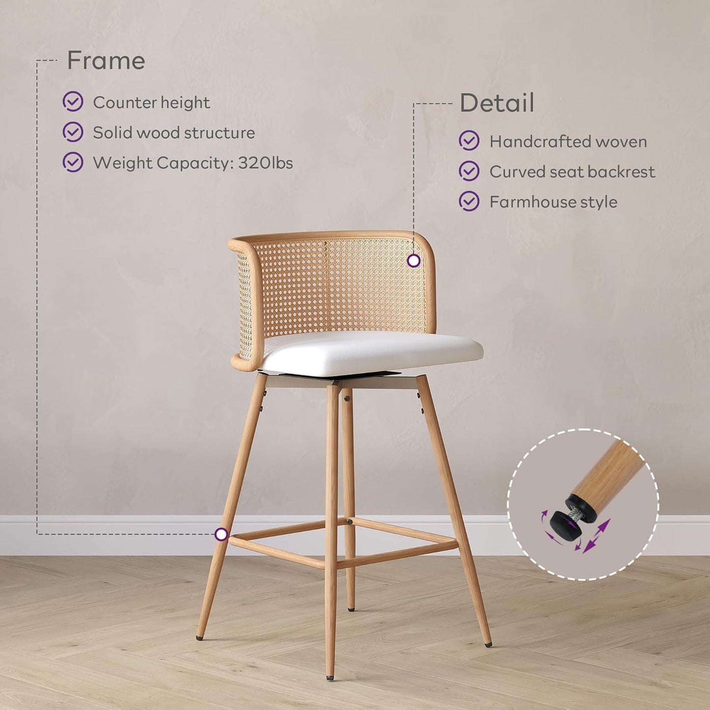 TYBOATLE Swivel Rattan Bar Stools Set of 4, 26” Counter Height Stools with Natural Rattan Woven Back and Faux Leather Seat, Mid-Century Modern Island Chairs Barstools for Kitchen, White