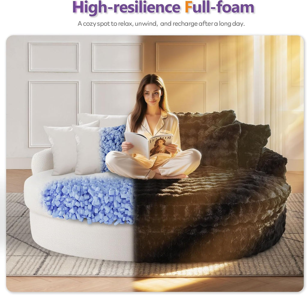 TYBOATLE 83’’ Oversized Round Boneless Couch w/Deep Seat, Round Memory Foam Couch, Comfy Fluffy Plush Bubble Sofa w/Double Cushion, Circle Bed for Livingroom, Bedroom (Black)