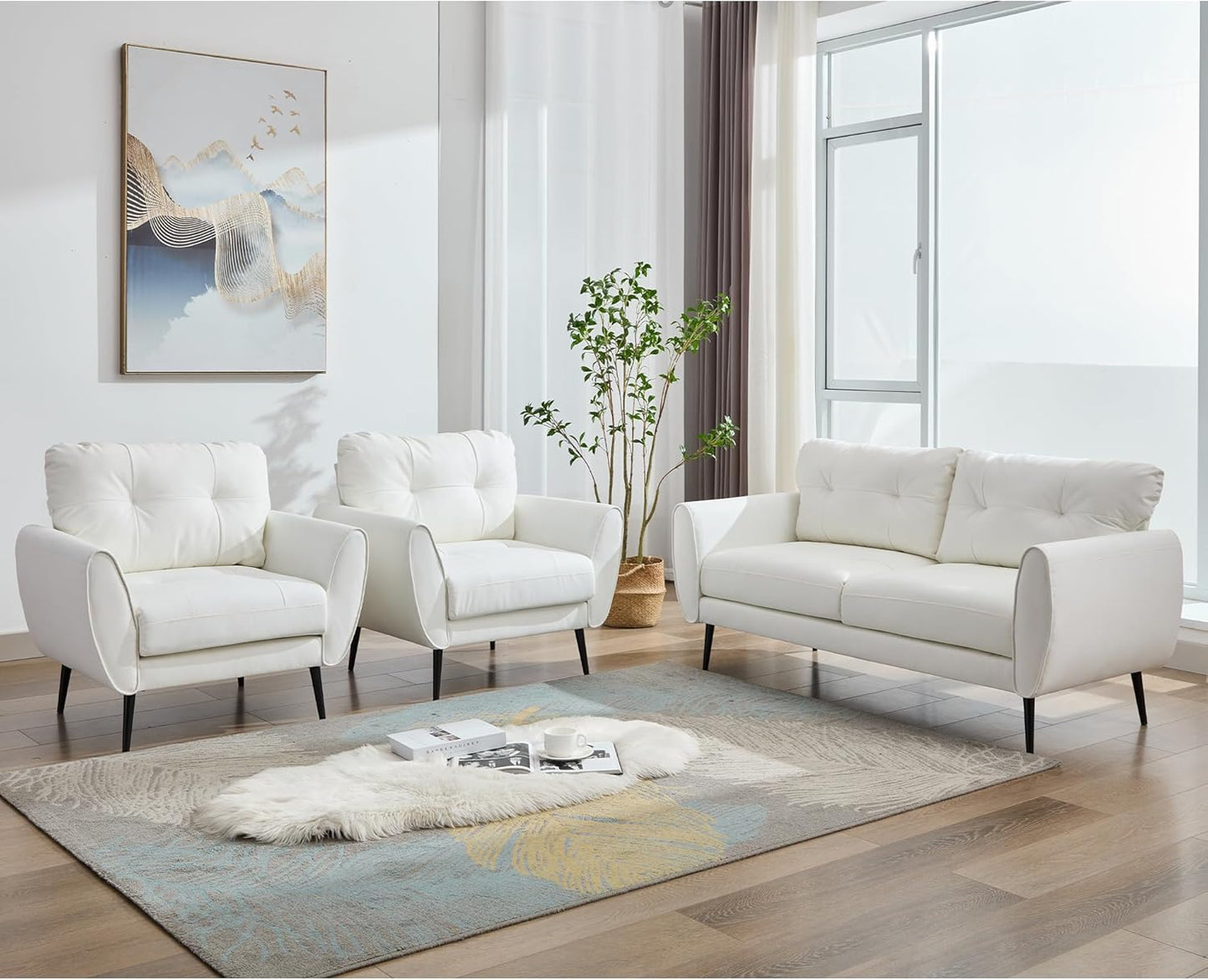 Sofa Couch 61" Small Loveseat Couches for Living Room White Leather Couch Mid Century Modern Tufted Mini Sofa Comfy Office 2 Seat Settee Love Seat Small Couches for Small Spaces Bedroom (3, White)