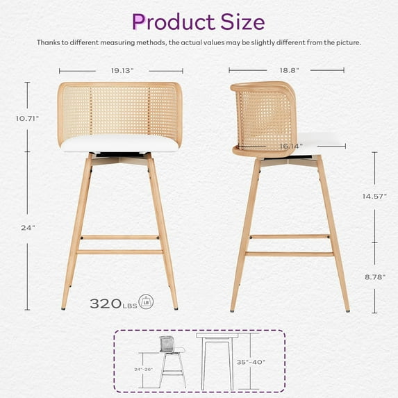 LAZZO Swivel Bar Stools Set of 2, 26” Counter Height Mid-Century Modern Stools with Natural Rattan Woven Back & Faux Leather Seat, Brown