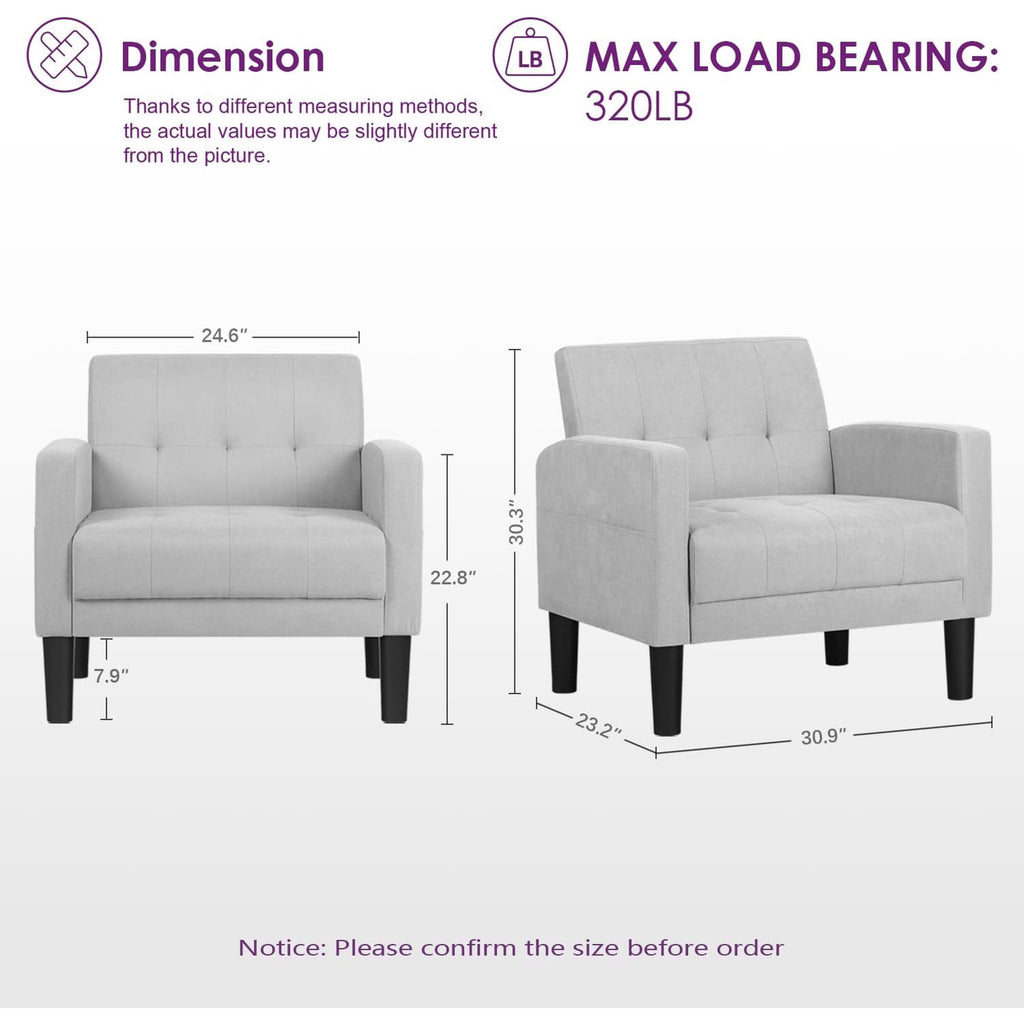 LAZZO Accent Chair, Comfy Single Fabric Sofa Armchair with Side Pockets for Living Room and Office, Light Gray