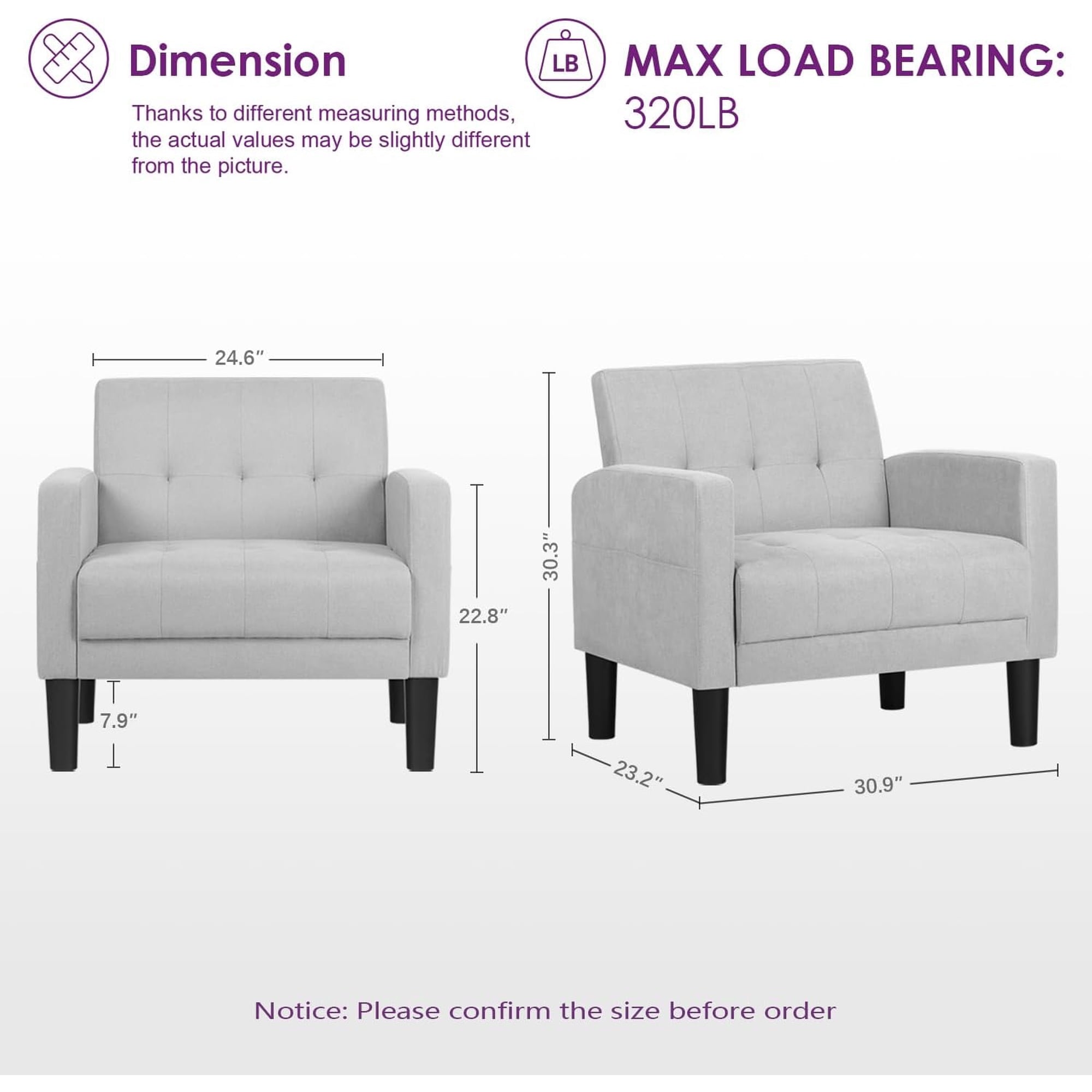 LAZZO Accent Chair, Comfy Single Fabric Sofa Armchair with Side Pockets for Living Room and Office, Light Gray