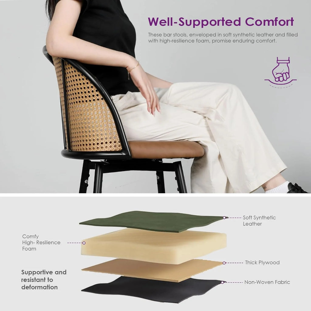 LAZZO 29" Swivel Counter Height Bar Stools with Rattan Backrest, Mid-Century Boho Faux Leather Bar Chairs for Kitchen Island, Set of 2, Brown