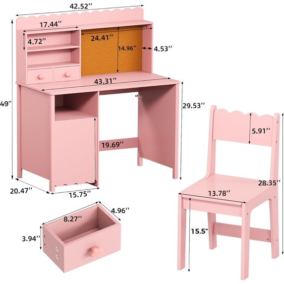 LAZZO 43" Wooden Writing Desk and Chair Set, Study Desk with Hutch and Cork Board for Homework, Reading and Drawing, Pink