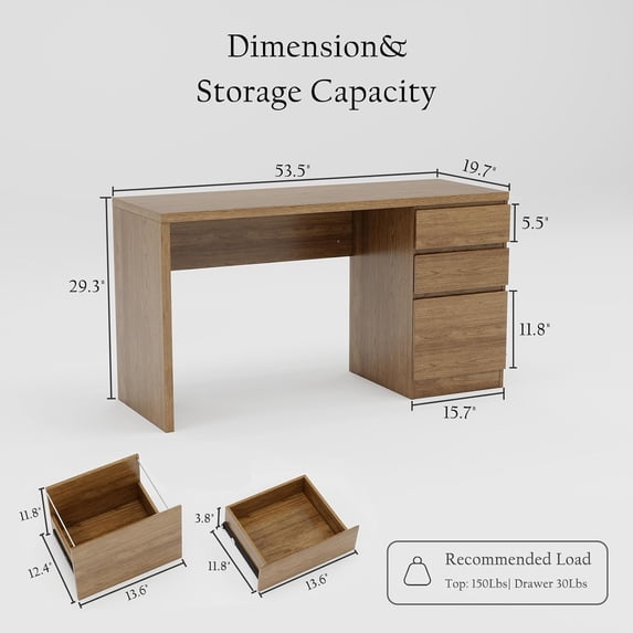 LAZZO 53" Computer Desk with 3 Drawers, Executive Writing Desk with File Storage Drawer for Home Office, Brown