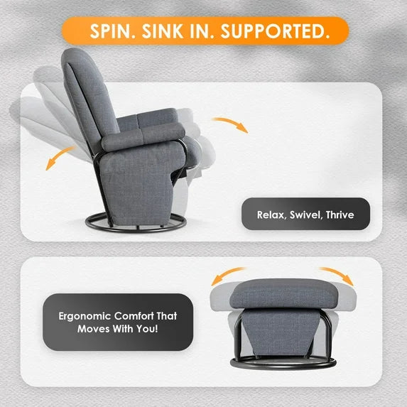 LAZZO Swivel Glider Recliner with Ottoman, 360° Rocking Chair with Footrest & Side Pockets, Living Room Bedroom Office Recliner, Gray