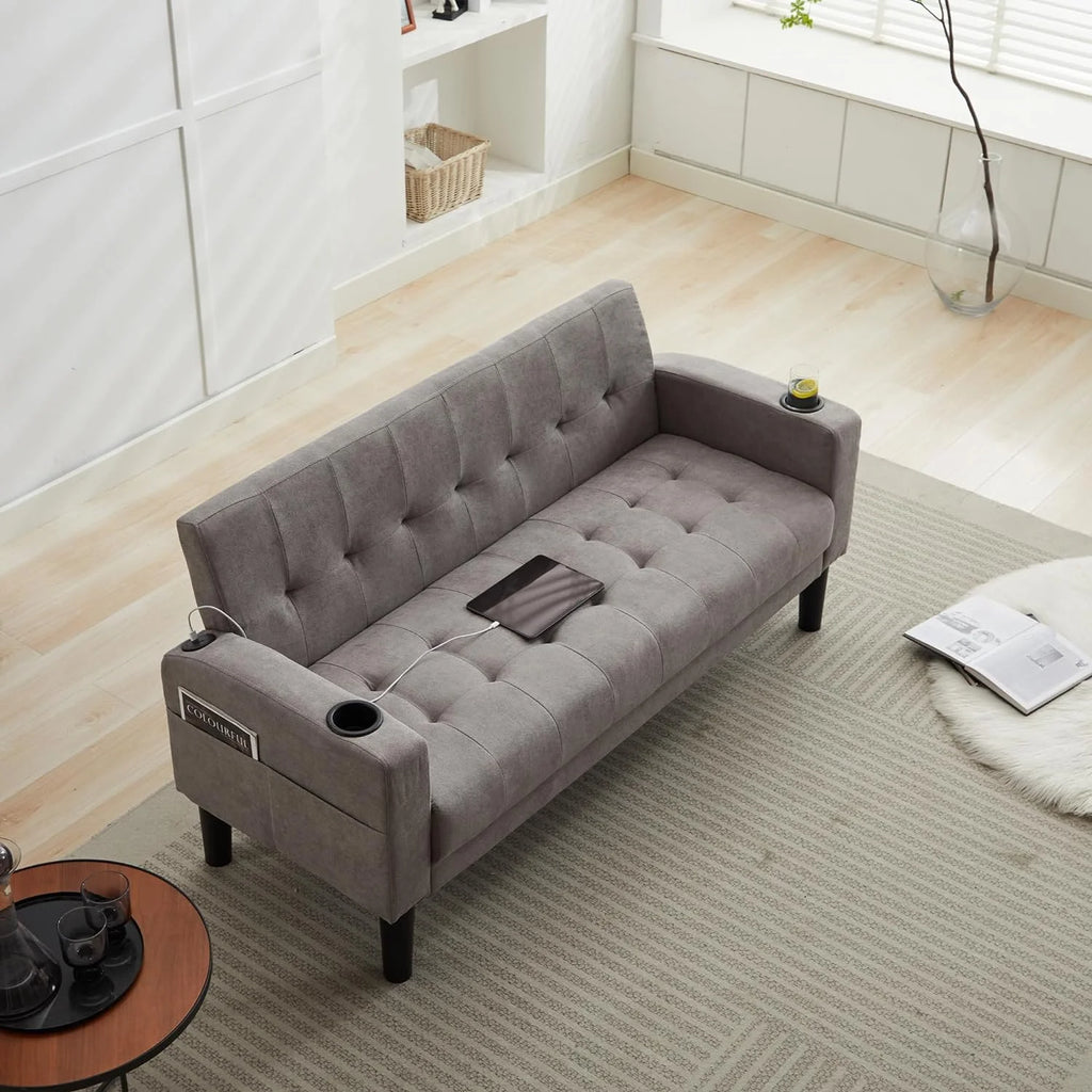 LAZZO 62" Mid-Century Modern Loveseat Sofa, Faux Leather Tufted Compact Couch with USB Ports & Cupholders, Light Gray