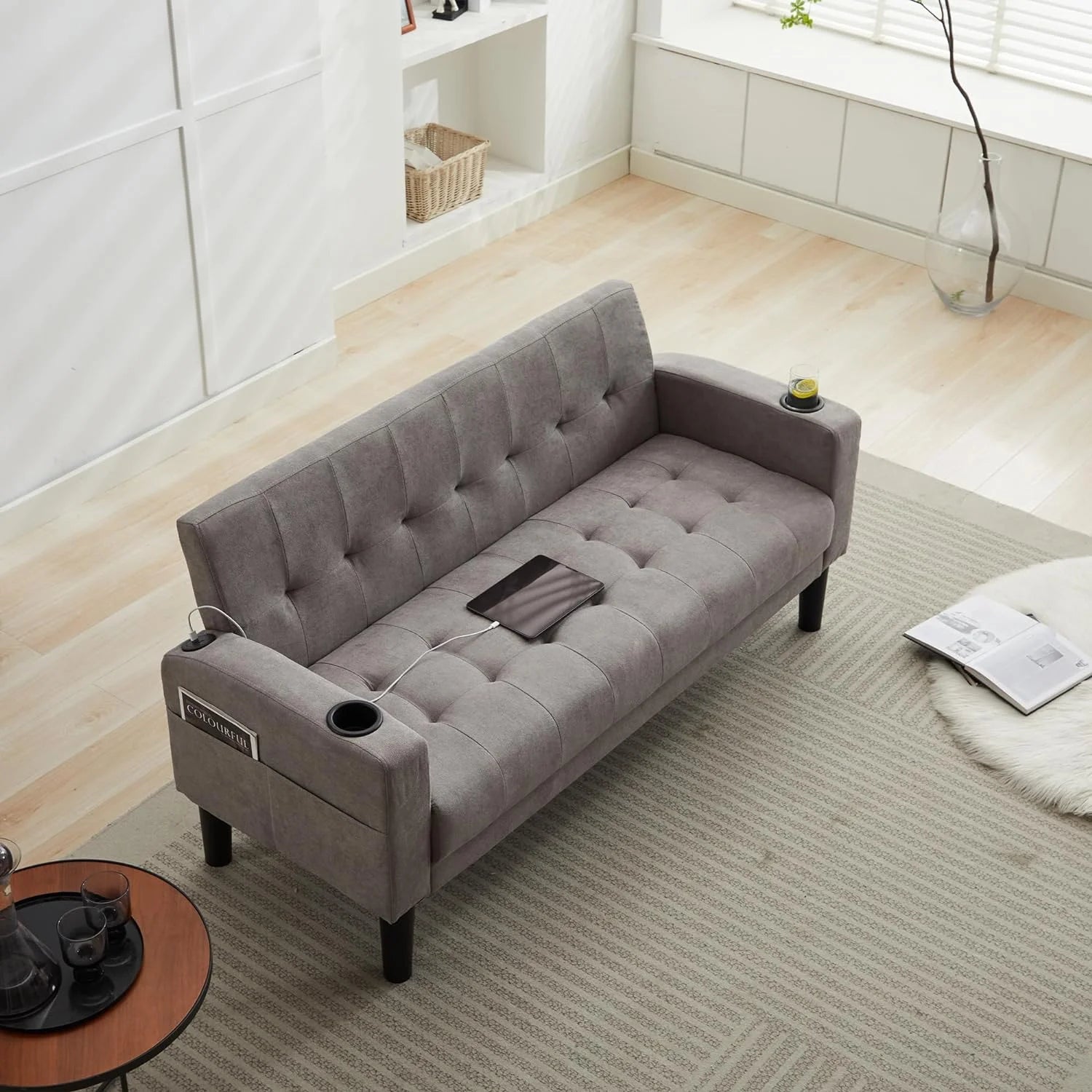 LAZZO 62" Mid-Century Modern Loveseat Sofa, Faux Leather Tufted Compact Couch with USB Ports & Cupholders, Light Gray