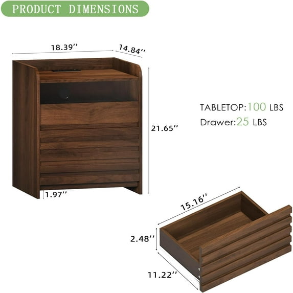 LAZZO Nightstand Set of 2 , Modern 2-Drawer Nightstand with LED Lights and Charging Station for Bedroom, Dark Walnut Finish