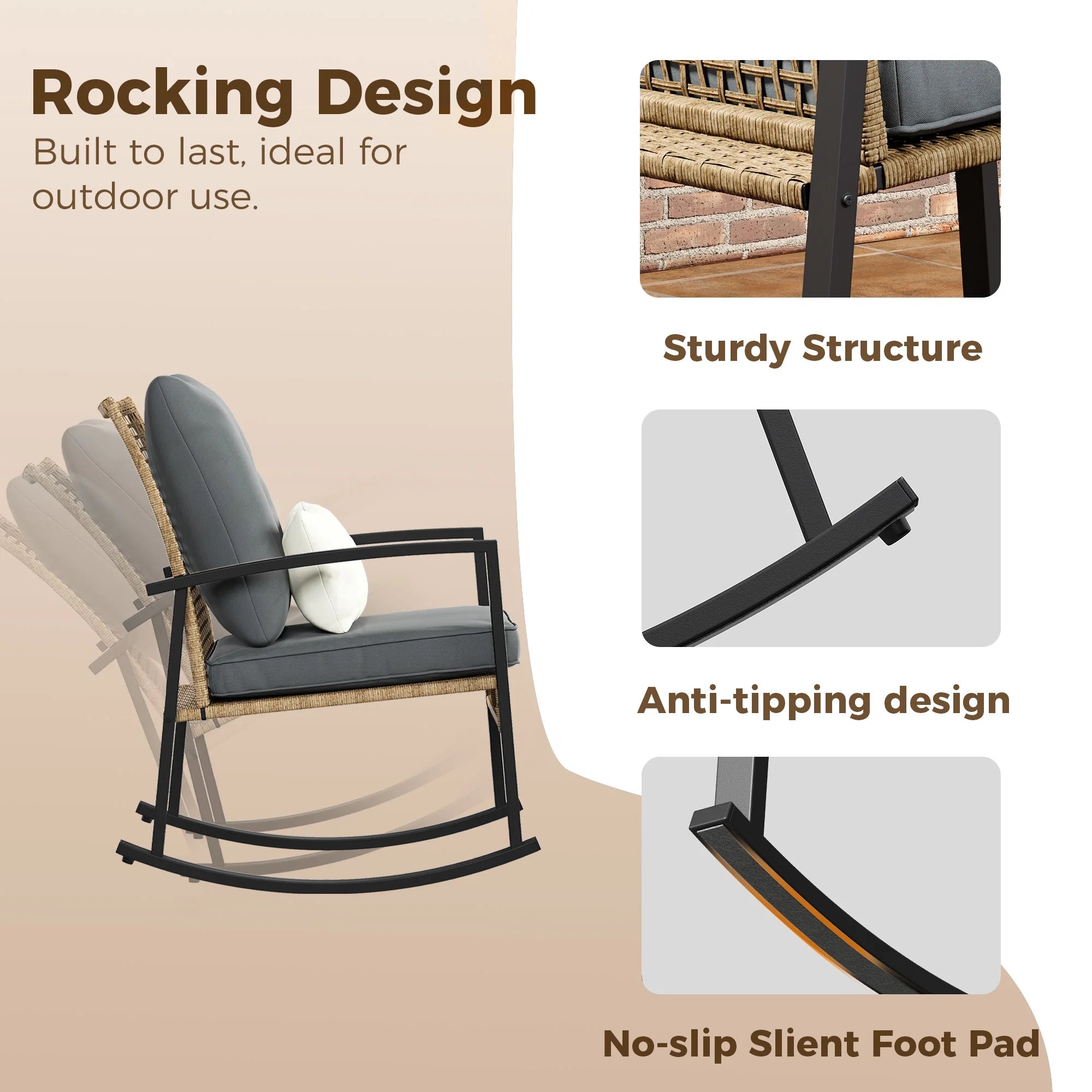 LAZZO 3 Pieces Patio Outdoor Conversation Set with Lumbar Pillows and Coffee Table, PE Wicker Rocking Chairs with Gray Cushions
