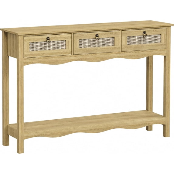 LAZZO 47.3" Boho Rattan Console Table with 3 Drawers and Open Shelf, Narrow Entryway Sofa Table for Living Room, Hallway and Behind Couch, Natural Wood Finish