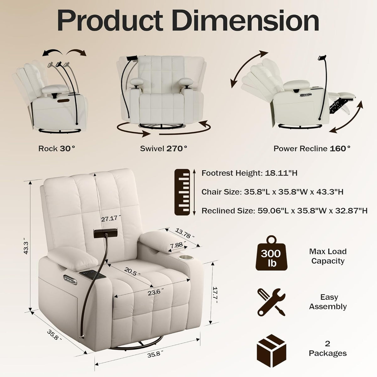 LAZZO Power Recliner Chair, Swivel Rocking Nursery Glider with Adjustable Headrest and Armrests, USB Charging and Cup Holder, Beige