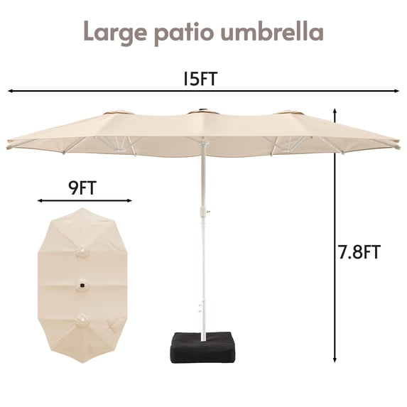 LAZZO 15ft Large Patio Umbrella with Base and Lights, Double-Sided Rectangular Outdoor Deck Umbrella, Champagne