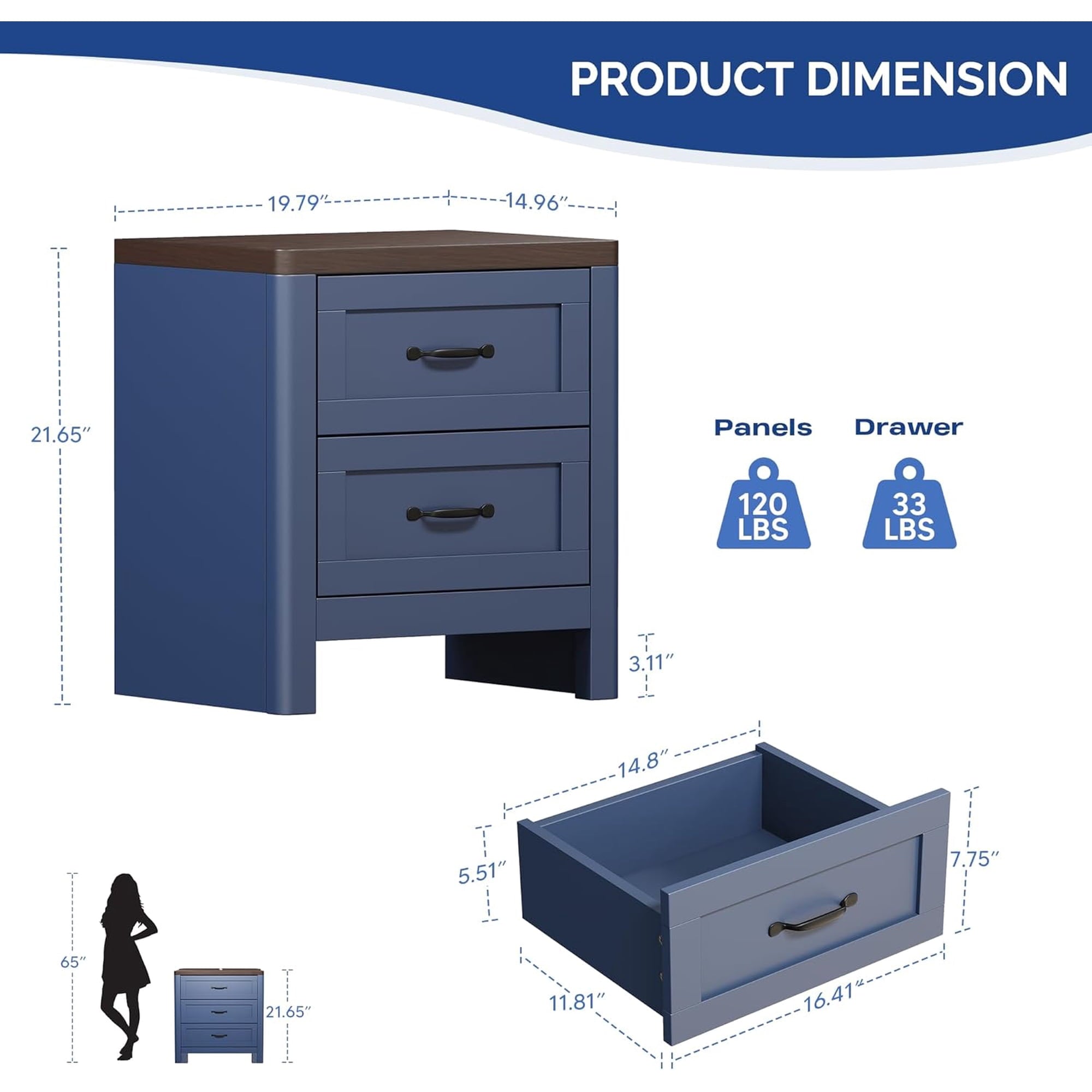 LAZZO Set of 2 Nightstands, Blue Small Bedside Table with 2 Drawers for Bedroom