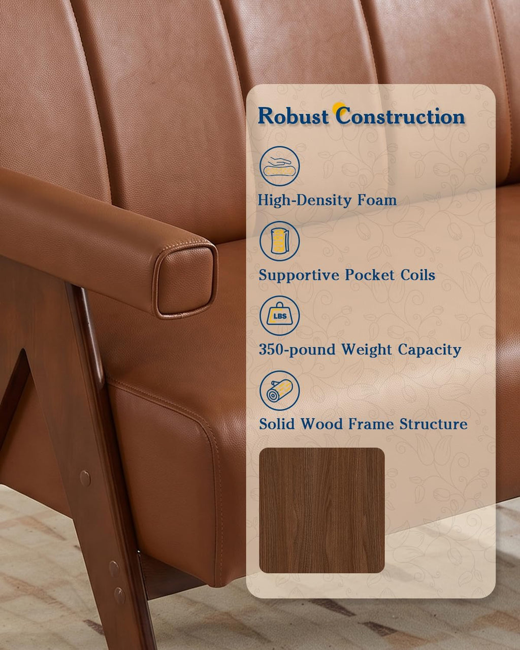 Mid Century Modern Brown Faux Leather Living Room Furniture Set of 2 AODAILIHB Solid Wood Frame Upholstered Office Couch & Accent Chair With Wooden Arm For Waiting Room,Bedroom,Dorm,Classroom
