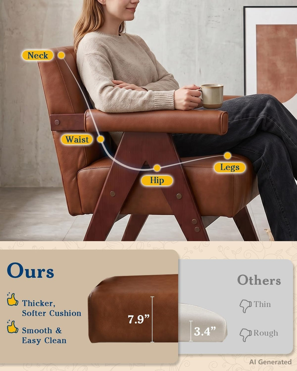 Mid Century Modern Brown Faux Leather Living Room Furniture Set of 2 AODAILIHB Solid Wood Frame Upholstered Office Couch & Accent Chair With Wooden Arm For Waiting Room,Bedroom,Dorm,Classroom