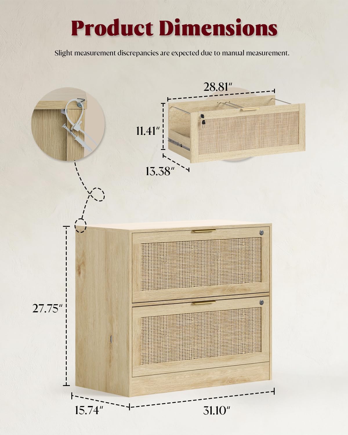 HOPUBUY 2 Drawer File Cabinet with Lock, Printer Stand Lateral Home Office and School, Wood Rattan Filing Cabinet for Hanging Files/Letter/Legal/A4/F4 Size,Natural