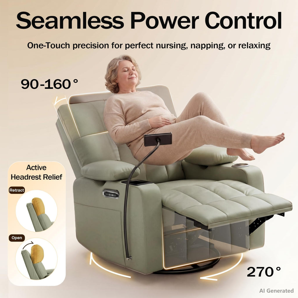 AILEEKISS Power Glider Recliner Nursery w/ Adjustable Armrest Lumbar Headrest Charging Night Light Smart Cup Holder, Oversized Swivel Rocker, Nursing Rocking Chair for Breastfeeding Living Room