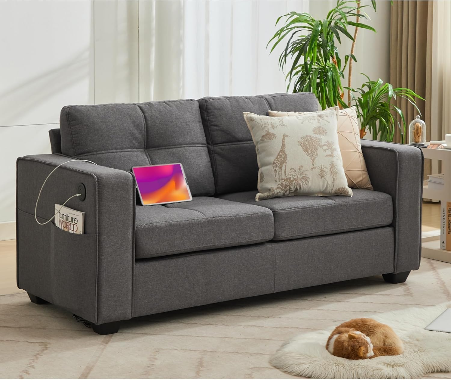 TYBOATLE 65" Small Couches for Bedroom, Mid-Century Modern Tufted Comfy Loveseat w/USB Charging Ports and Wide Arms, 2 Seater Office Small Sofa for Dorm, Apartment, Light Grey