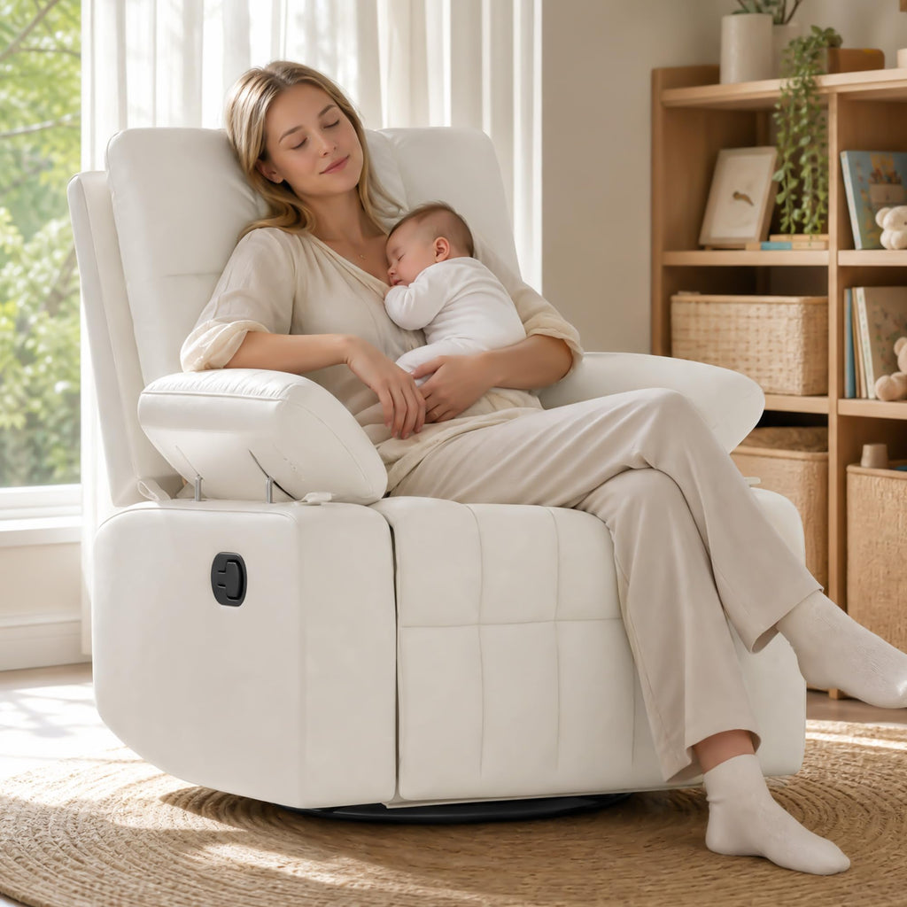 AILEEKISS  Manual Nursery Rocking Chair w/Adjustable Armrests,White Modern Upholstered Nursing Recliner with 360° Swivel Glider & Quiet Rocking for Breastfeeding Bedroom Living Room