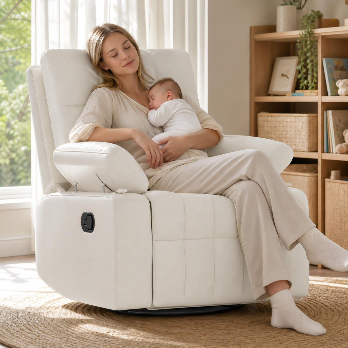 AILEEKISS  Manual Nursery Rocking Chair w/Adjustable Armrests,White Modern Upholstered Nursing Recliner with 360° Swivel Glider & Quiet Rocking for Breastfeeding Bedroom Living Room