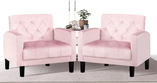 TYBOATLE Accent Chairs Set of 2, Comfy Living Room Chairs Cozy Reading Chair Tufted Mid Century Arm Chair Small Salon Chair for Living Room, Bedroom Office Chair (Pink, Set of 2)