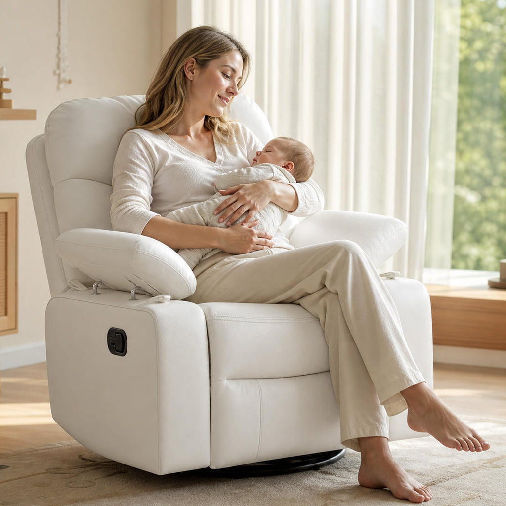 AILEEKISS Nursery Glider Rocking Recliner with Adjustable Armrests, White Comfortable Nursing Chair for Breastfeeding Moms, 360°Swivel, 110°-135° Recline, Quiet Rocker Nursery for Living Room