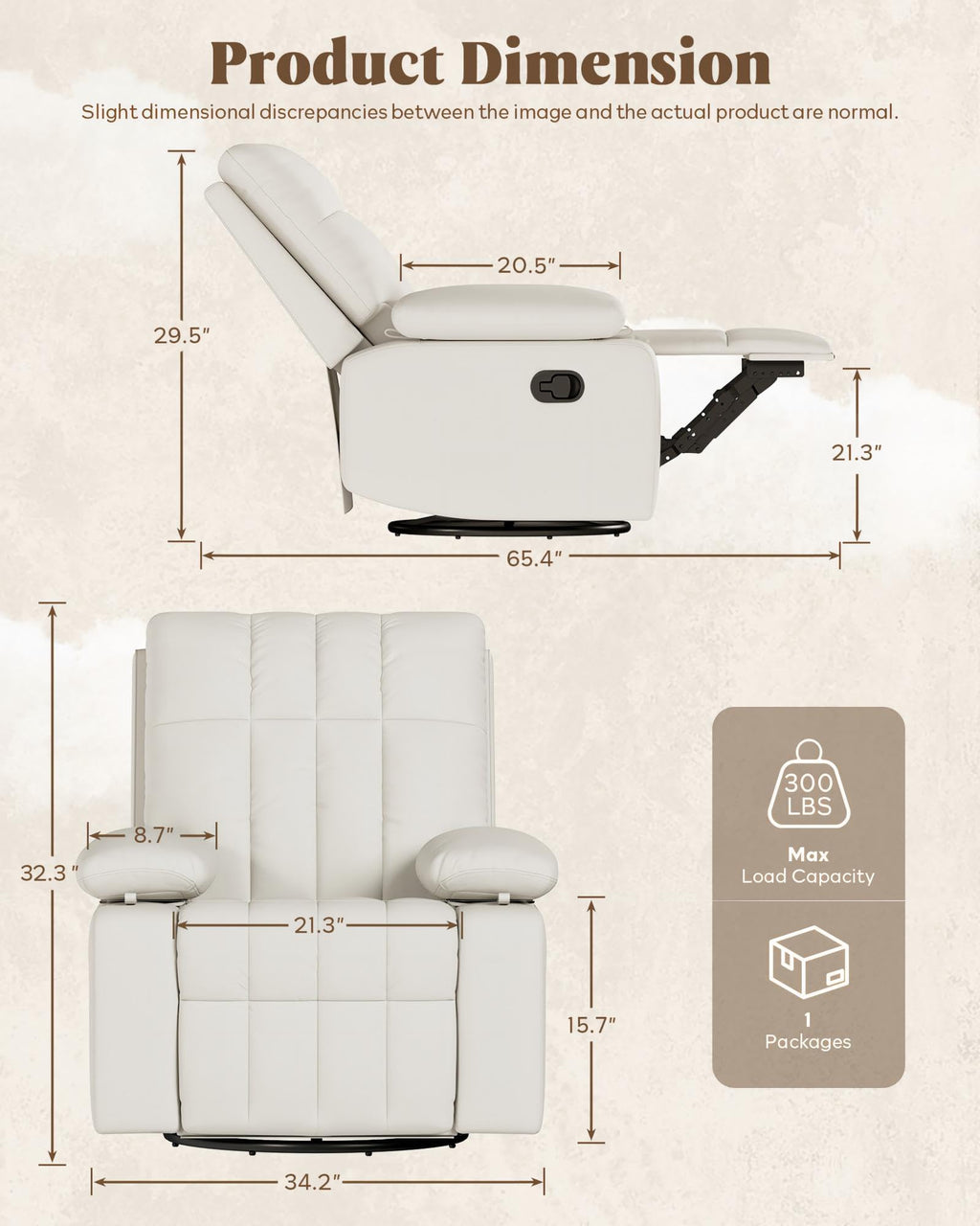AILEEKISS  Manual Nursery Rocking Chair w/Adjustable Armrests,White Modern Upholstered Nursing Recliner with 360° Swivel Glider & Quiet Rocking for Breastfeeding Bedroom Living Room