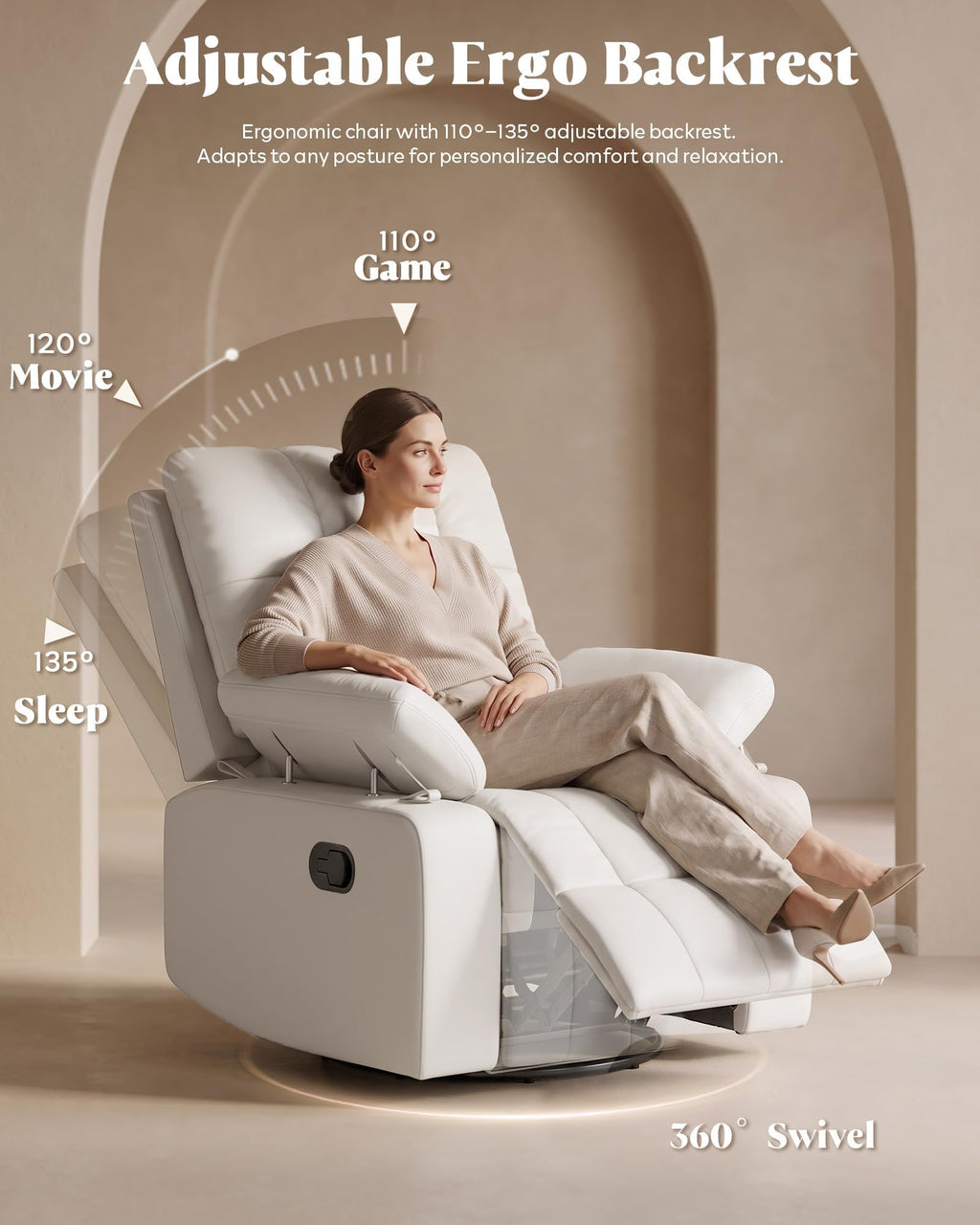 AILEEKISS  Manual Nursery Rocking Chair w/Adjustable Armrests,White Modern Upholstered Nursing Recliner with 360° Swivel Glider & Quiet Rocking for Breastfeeding Bedroom Living Room