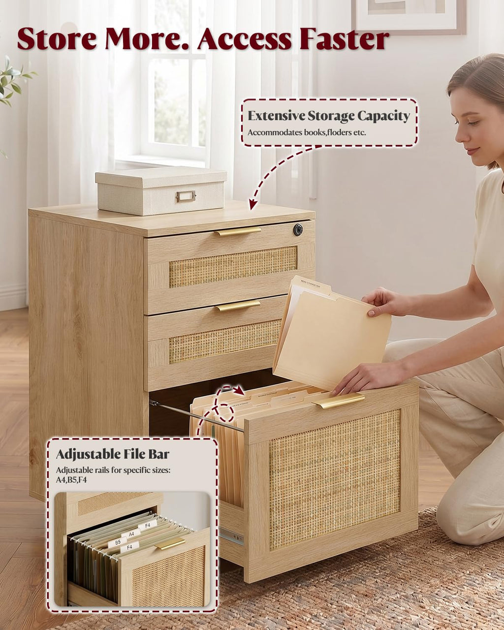 HOPUBUY 3 Drawer File Cabinet with Lock, Small Rattan Filing Cabinets with Wheels, Wood Rolling Office Storage for Under Desk Home Office,Natural