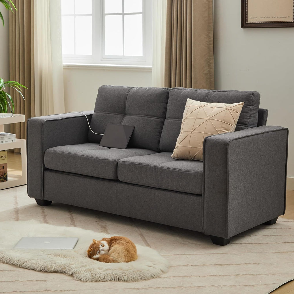 TYBOATLE 65" Small Loveseat for Bedroom, Mid-Century Modern Tufted Love Seat w/USB Charging Ports and Wide Arms, 2 Seater Small Office Sofa for Dorm, Apartment, Grey