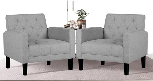 TYBOATLE Accent Chairs Set of 2, Comfy Living Room Chairs Cozy Reading Chair Tufted Mid Century Arm Chair Small Salon Chair for Living Room, Bedroom Office Chair (Light Grey, Set of 2)