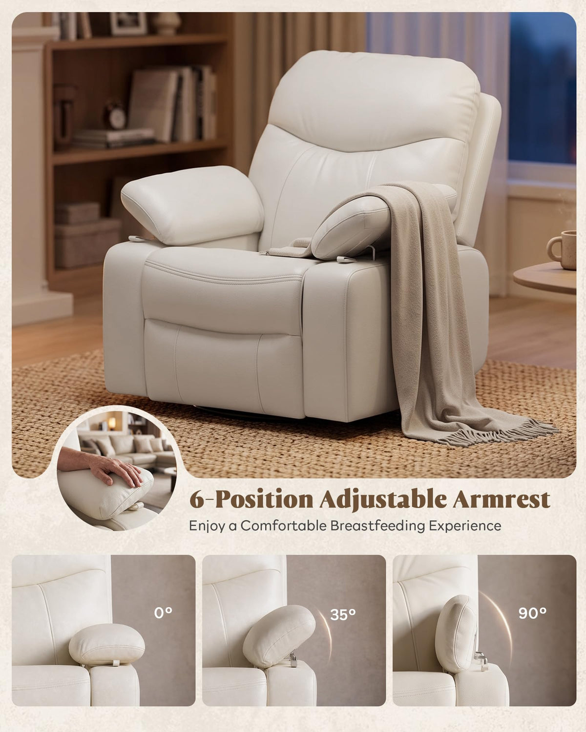 AILEEKISS Nursery Glider Rocking Recliner with Adjustable Armrests, White Comfortable Nursing Chair for Breastfeeding Moms, 360°Swivel, 110°-135° Recline, Quiet Rocker Nursery for Living Room