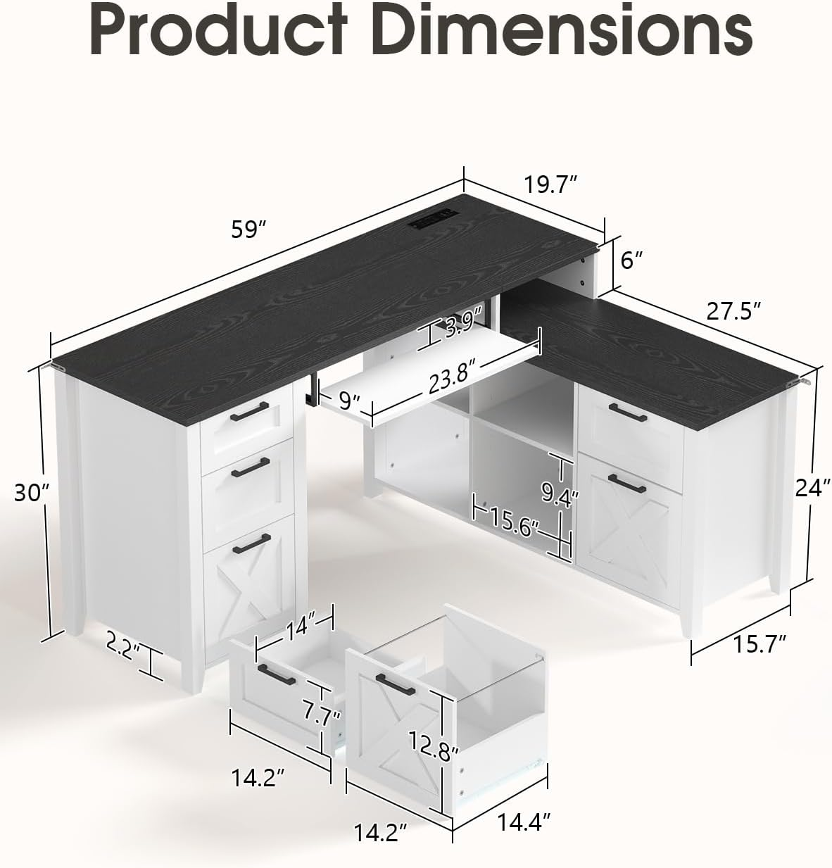 Download A+ Images Download Customer Images HOPUBUY Farmhouse L Shaped Executive Desk with Drawers, 59''Home Office Corner Desks with Charging Station,File Cabinets,Storage Compartments Wood Computer Desk Writing Table w/Keyboard Tray,White
