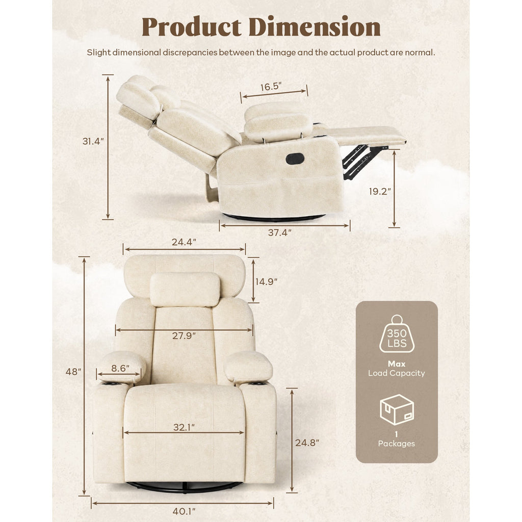 LAZZO Nursery Recliner Chair, 360° Swivel Rocking Glider with Adjustable Headrest, Armrests, Footrest, Cup Holder and Lumbar Pillow, Beige