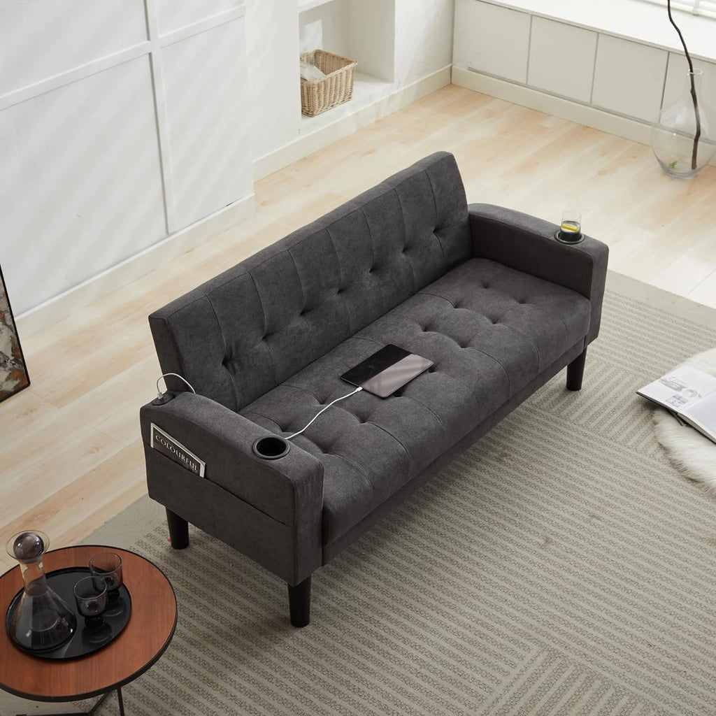 LAZZO 62" Mid-Century Modern Loveseat Sofa, Faux Leather Tufted Compact Couch with USB Ports & Cupholders, Dark Gray