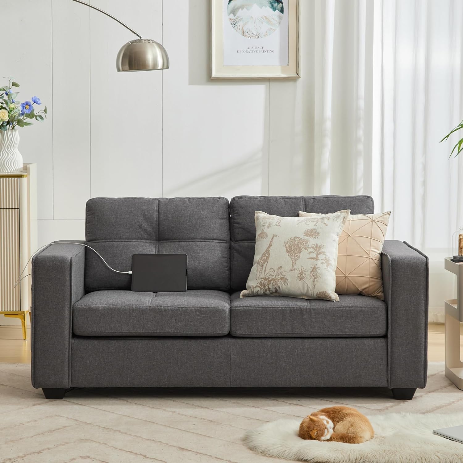 TYBOATLE 65" Small Loveseat for Bedroom, Mid-Century Modern Tufted Love Seat w/USB Charging Ports and Wide Arms, 2 Seater Small Office Sofa for Dorm, Apartment, Grey