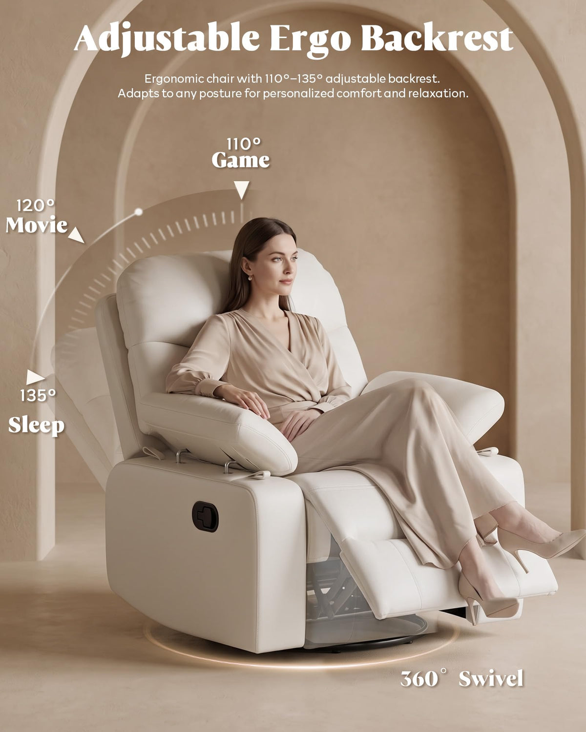 AILEEKISS Nursery Glider Rocking Recliner with Adjustable Armrests, White Comfortable Nursing Chair for Breastfeeding Moms, 360°Swivel, 110°-135° Recline, Quiet Rocker Nursery for Living Room